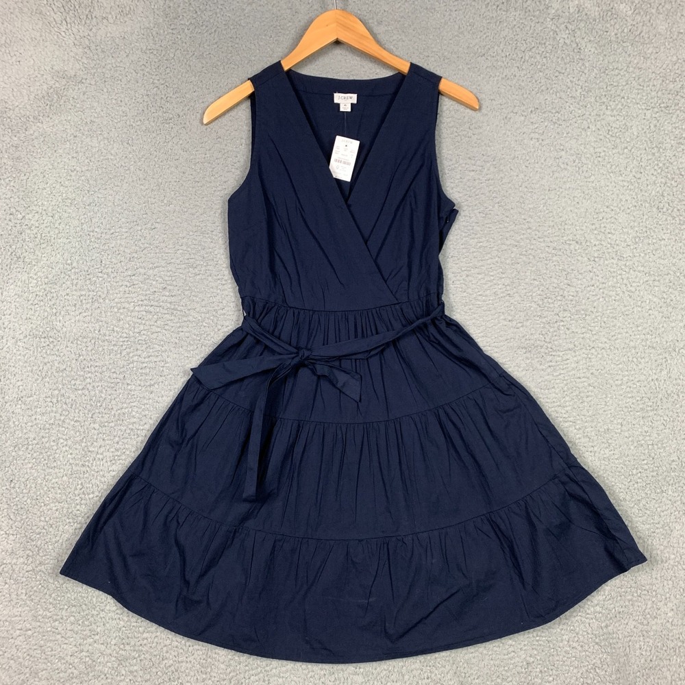 J.Crew Faux-Wrap Mini Dress Sz 6 Navy Sleeveless Tiered Stretch Poplin NWT $110